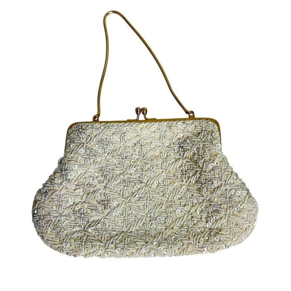 Vintage 60’s Cream Hand Beaded Clutch Purse Evening Bag Bridal Sparkle Hong Kong - Picture 7 of 10